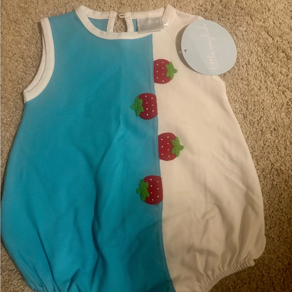 NWT Little English Blue and White Baby Romper with Strawberry Design